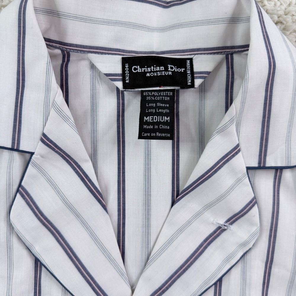 Vintage Christian Dior Pajama Top Mens Medium White Striped Good Loungewear Long